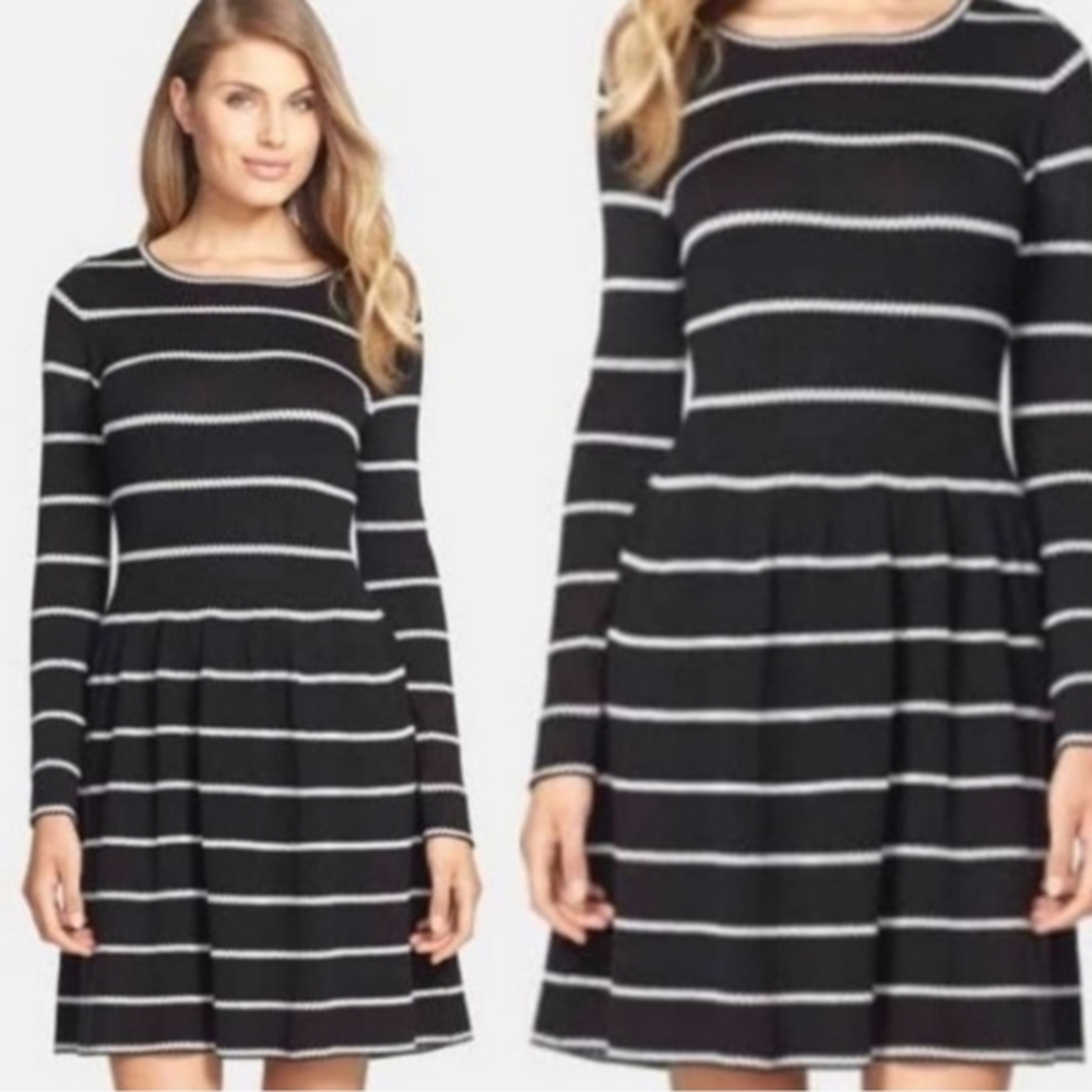 ELIZA J Fit & Flare Striped Long Sleeve Dress Size XL Black White